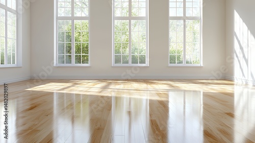 Bright Room with Windows and Wooden Floor