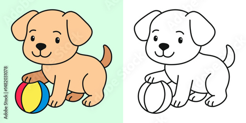 Cute dog playing ball cartoon character coloring page vector illustration