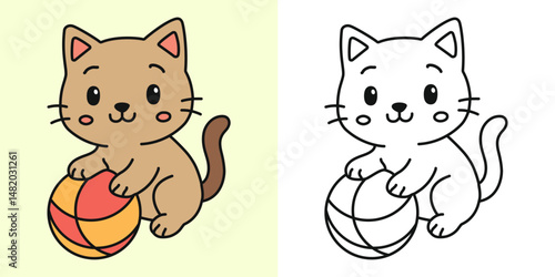 Cute cat playing ball cartoon character coloring page vector illustration