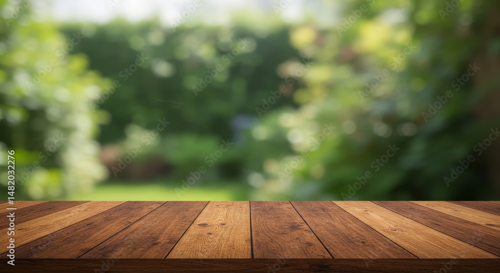 Fototapeta premium Empty Wooden Table With Blurred Garden Background