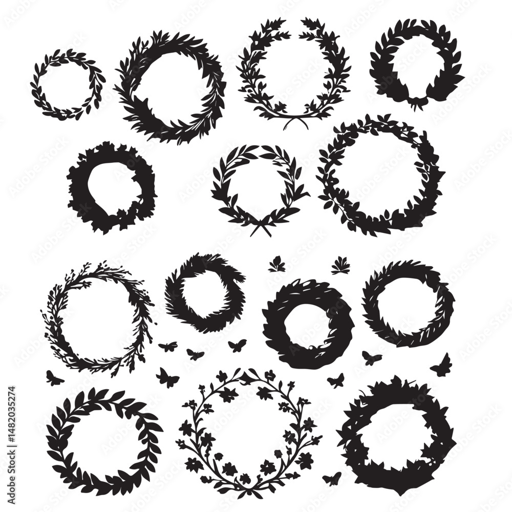 Set of black Wreaths silhouette' silhouettes isolated on white background Set of black Wreaths silhouette' silhouettes isolated on white background