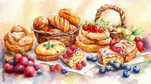 Delicious Watercolor Painting of Sweet Pastries Breads and Berries Fresh Baked Goods in Baskets Artistic Still Life Food Photography Bun Cake Treat   