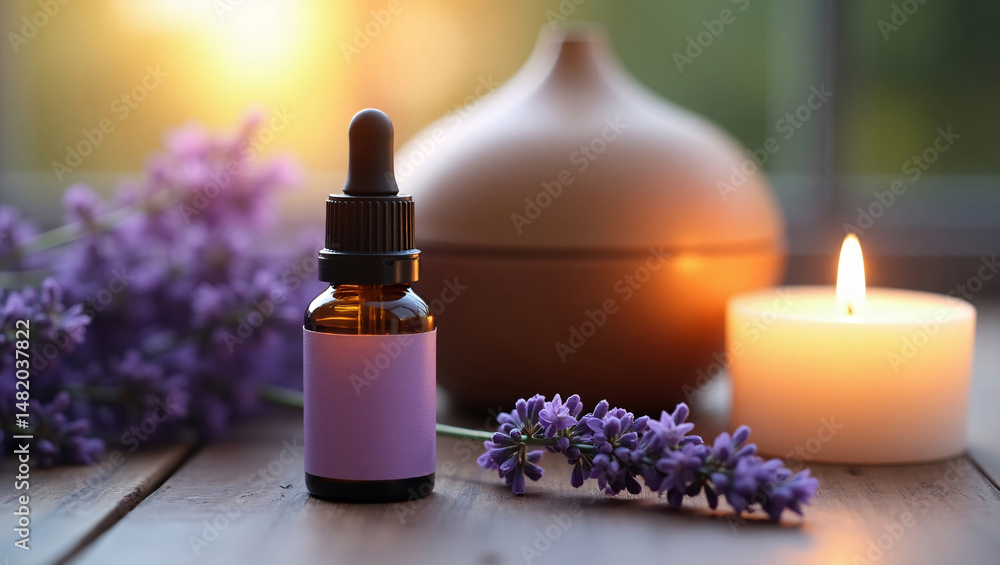 Aromatherapy setup with lavender oil dropper, handmade diffuser, dried sprigs and glowing candles in background, tranquil wellness ambiance, cozy interior scene, no text Aromatherapy setup with lavender oil dropper, handmade diffuser, dried sprigs and glowing candles in background, tranquil wellness ambiance, cozy interior scene, no text