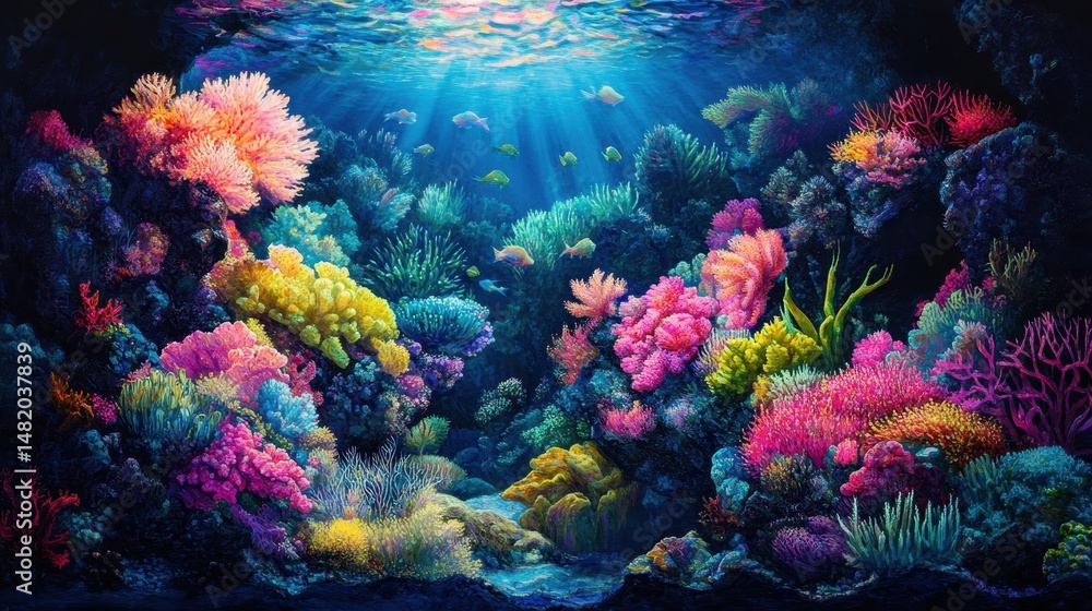 Naklejka premium Vibrant underwater coral reef with various fish in sunlit ocean