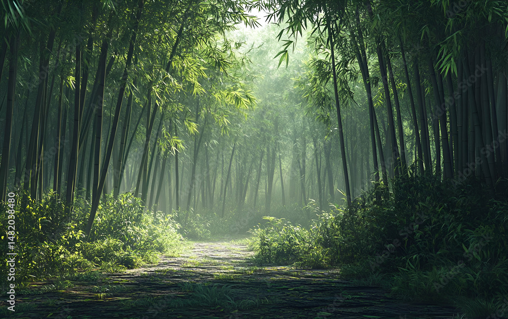 Fototapeta premium A serene bamboo forest pathway, surrounded by lush greenery and soft sunlight filtering through the leaves.