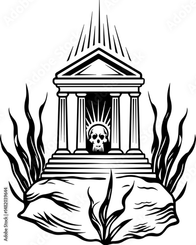 SVG vector featuring skulls with sunken temples theme. Mysterious Underwater Temple with Skull and Rising Sun Rays