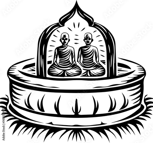 SVG vector featuring skulls with sunken temples theme. Serene Buddhist Monks Sitting in Tranquil Meditation Artwork