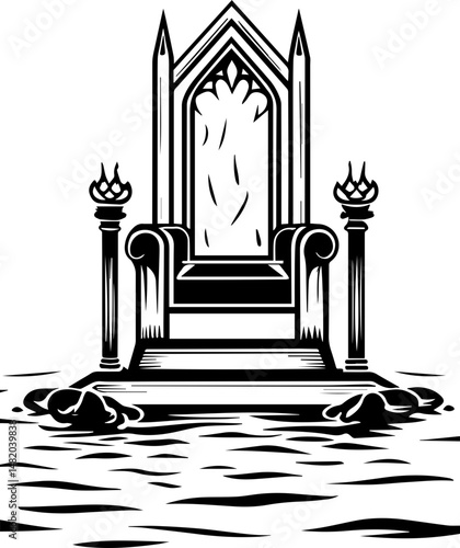 SVG vector featuring skulls with sunken temples theme. Elegant Throne Surrounded by Water in Minimalist Style Illustration