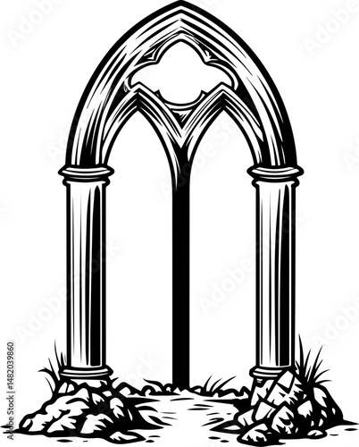 SVG vector featuring skulls with sunken temples theme. Elegant Gothic Arch with Pillars and Overgrown Ground Vegetation