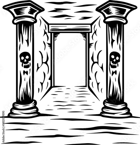 SVG vector featuring skulls with sunken temples theme. Gothic Entrance with Skull Columns and Dark Stone Passageway