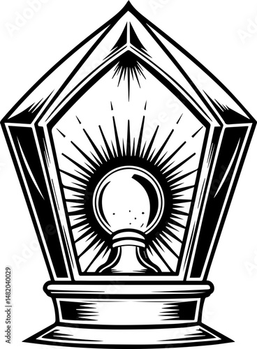 SVG vector featuring skulls with sunken temples theme. Vintage Lantern Design with Radiant Light Emission in Black and White