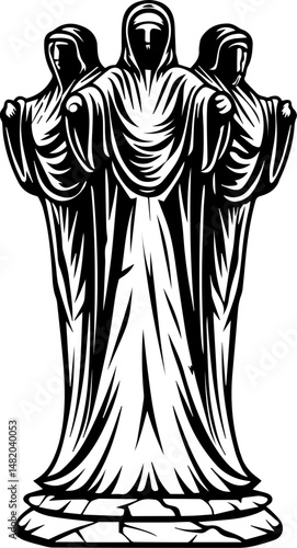 SVG vector featuring skulls with sunken temples theme. Three Mysterious Figures in Robes Standing Together in Shadows