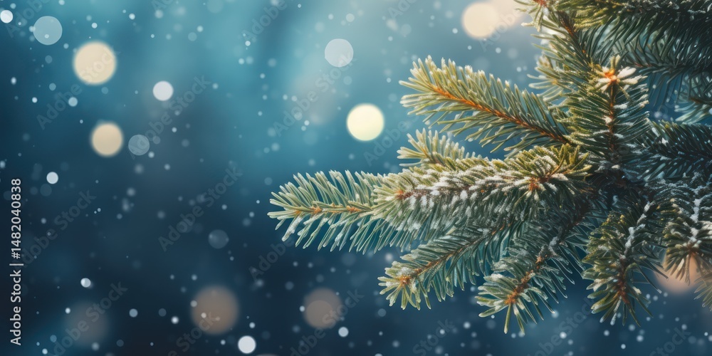 A snow-covered pine branch with snowflakes falling against a blue and white background. A snow-covered pine branch with snowflakes falling against a blue and white background.