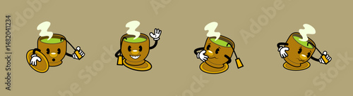 Vector illustration of cute ocha tea cup characters with retro vintage rubberhose style. Expressive emotions: amazed, waving hello, thinking, and confused. Great for stickers, branding, and content.