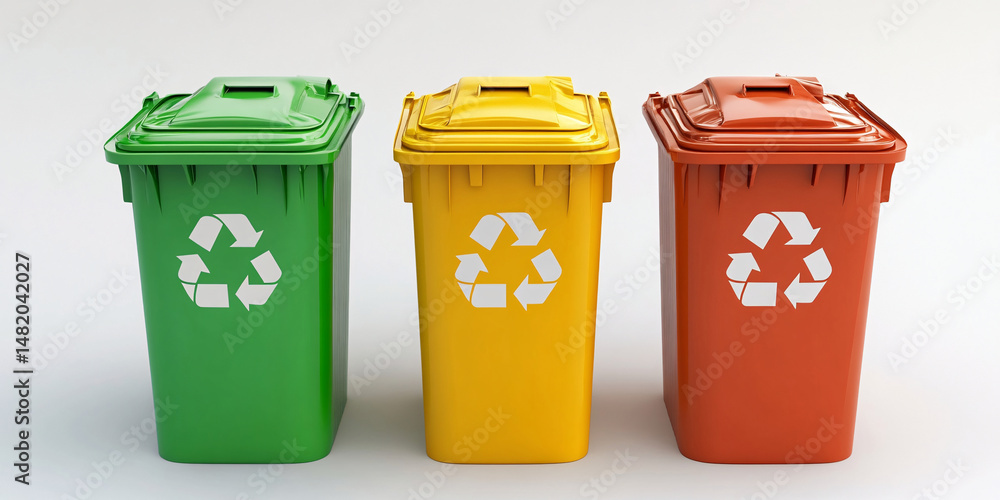 Image of three vibrant recycling bins, promoting environmental awareness and waste management. Image of three vibrant recycling bins, promoting environmental awareness and waste management.