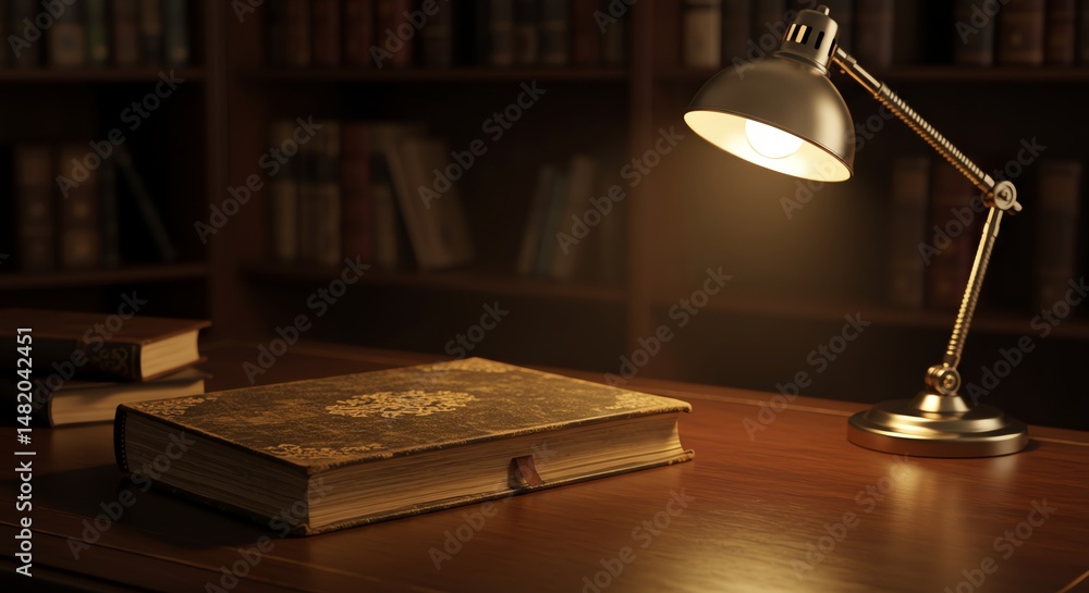 Obraz premium Antique Book and Desk Lamp on Table with Bookshelves Background