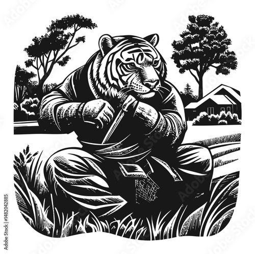 Majestic Tiger Engaged in Artistic Woodworking in Nature Scene