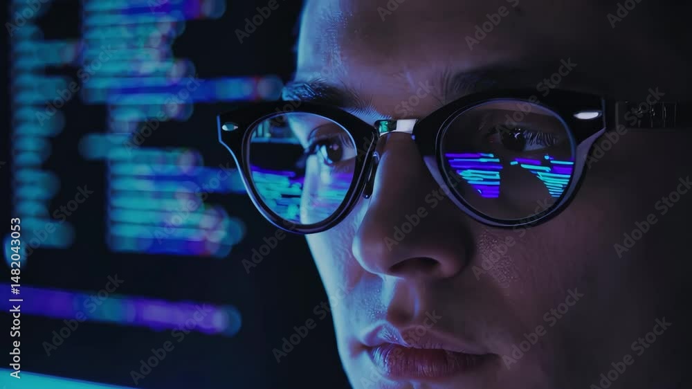 Young male programmer reflected in glasses analyzing source code in dark environment, technology development and coding focus concept Young male programmer reflected in glasses analyzing source code in dark environment, technology development and coding focus concept