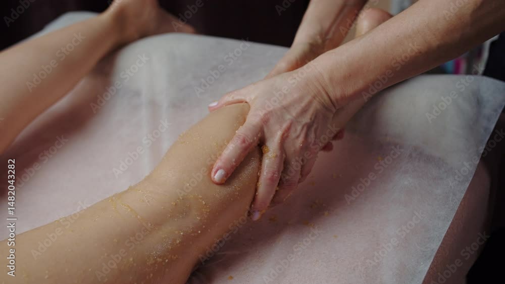 Leg exfoliation massage with body scrub Leg exfoliation massage with body scrub