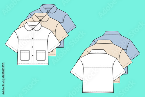 Ladies short sleeve crop shirt colour way set fashion flat sketch template outline CAD mockup front and back views.