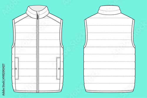 Winter funnel neck zip through gilet Black and White technical drawing fashion flat sketch vector illustration template outline CAD mockup front and back views.
