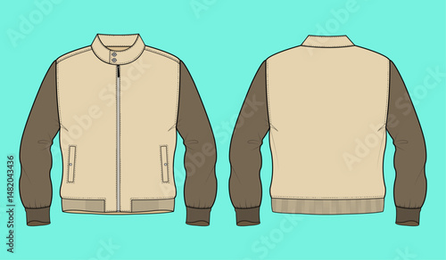  Mens Jacket fashion flat sketch template outline CAD mockup.	
