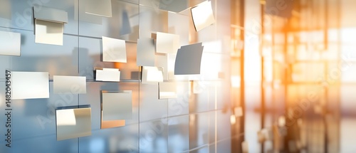 Virtual whiteboard session with floating task cards and abstract reflections