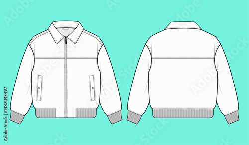 Black and white bomber jacket outline flat sketch template Front and Back views.