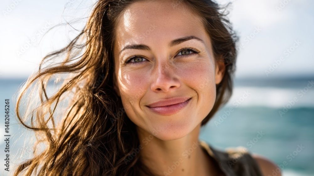 Smiling young caucasian female with windblown hair at the beach Smiling young caucasian female with windblown hair at the beach