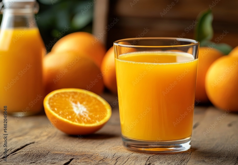 A glass of orange juice with some oranges A glass of orange juice with some oranges