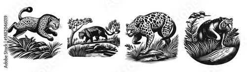Black and White Illustrations of Various Big Cats in Natural Settings