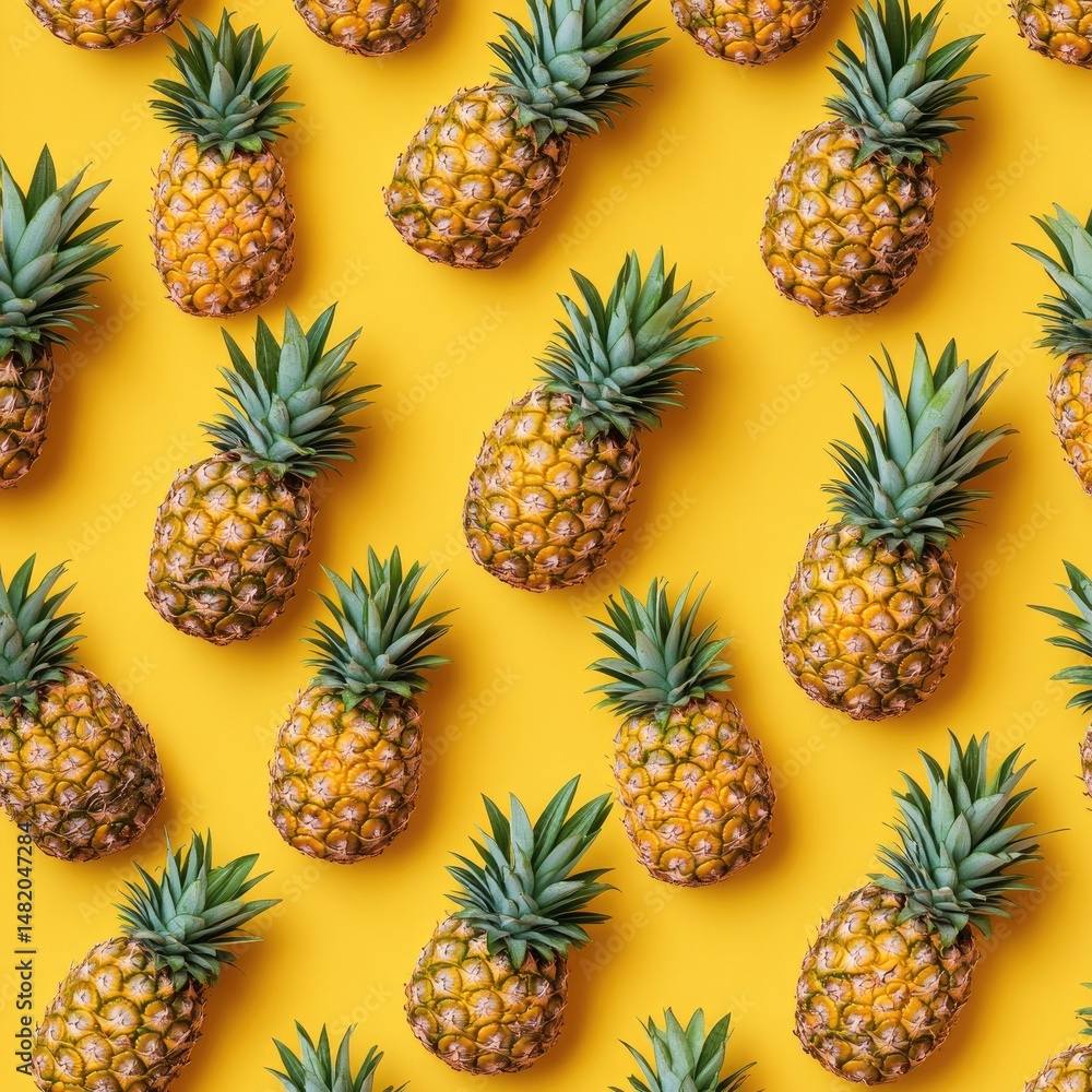A vibrant pattern of pineapples on a yellow background A vibrant pattern of pineapples on a yellow background