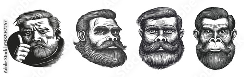 Detailed Illustrations of Bearded Characters and an Ape Head