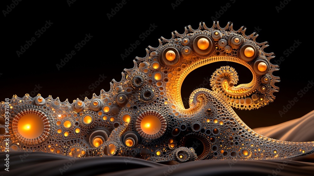Obraz premium An intricate, ornate wave-like structure of metallic gears and glowing orbs on dark terrain