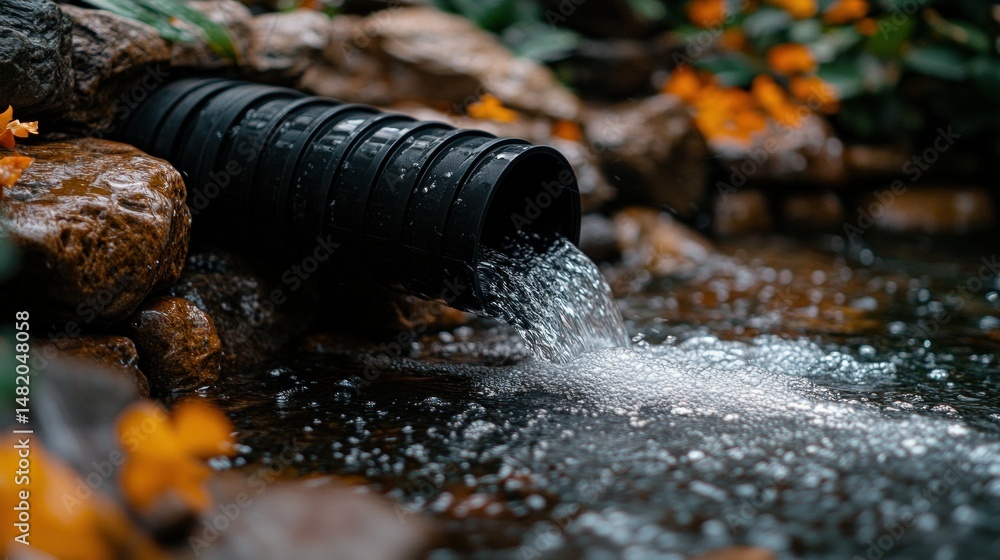 Obraz premium Water flows from a dark pipe into a tranquil stream. Stones and plants surround the scene