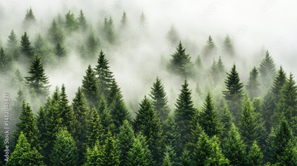 Misty evergreen forest canopy viewed from above. Misty evergreen forest canopy viewed from above.