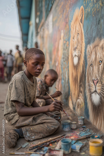 Wallpaper Mural a group of children painting a mural on a wall with animals on it and birds on the wall behind them Torontodigital.ca