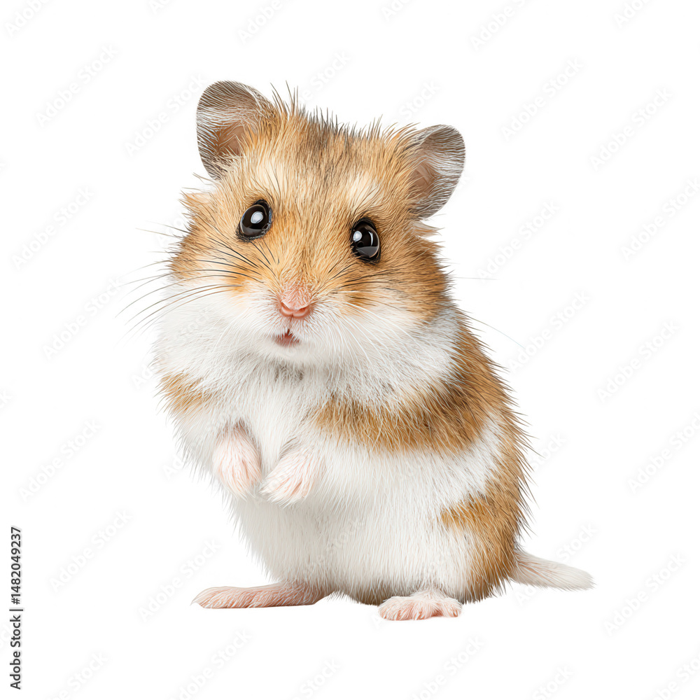 A cute hamster with brown and white fur looks directly at the camera isolated. A cute hamster with brown and white fur looks directly at the camera isolated.