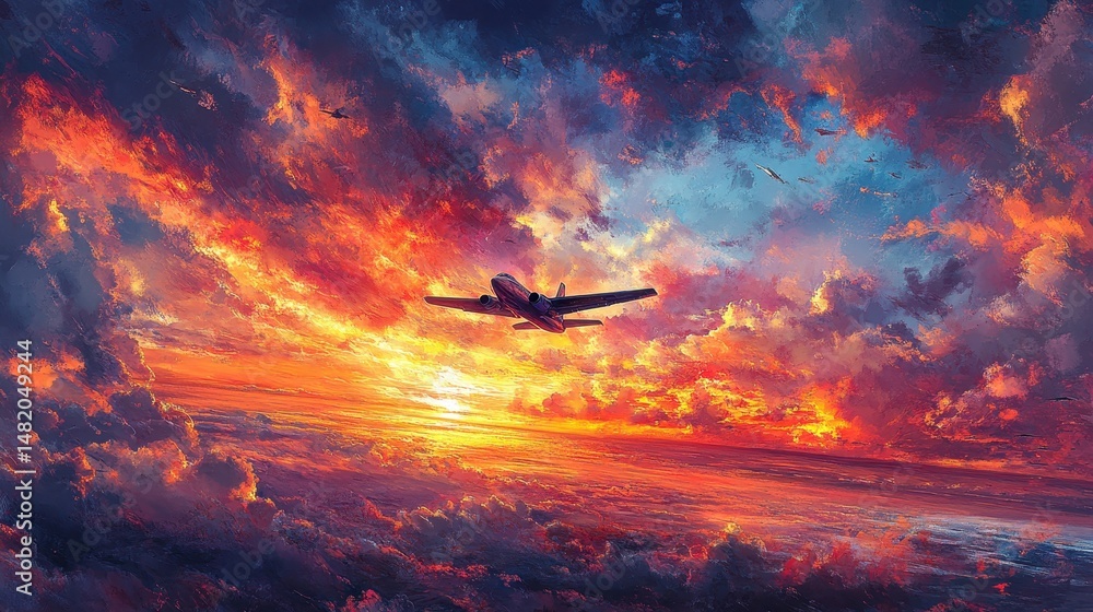 Naklejka premium Small plane flying through dramatic colorful sunset clouds