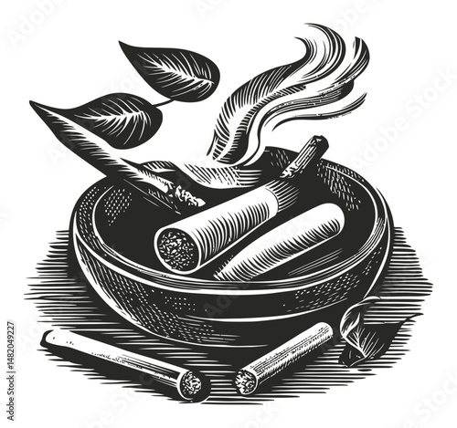 Detailed Illustration of Herbal Ingredients in a Decorative Bowl