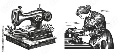 Vintage Sewing Machine and Seamstress Engaged in Crafting Illustration