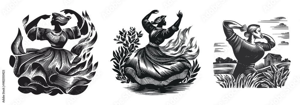 Obraz premium Elegant Artistic Illustration of Dancing Women in Black and White Style