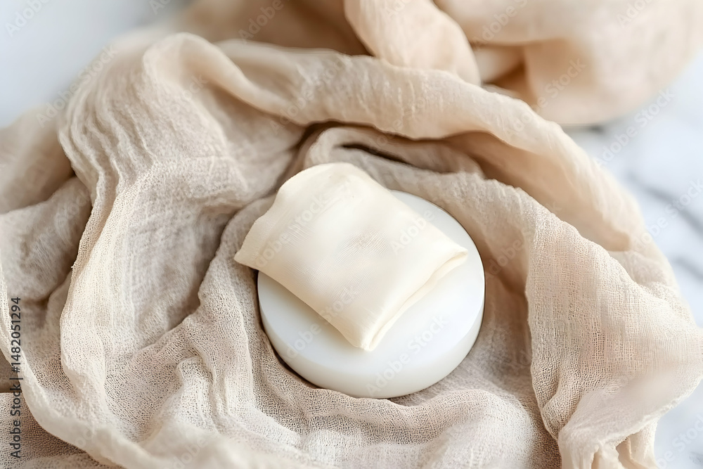 Obraz premium Elegant beige fabric draped artfully, showcasing a smaller off-white fabric square on a white pedestal. Soft, neutral tones and textures.