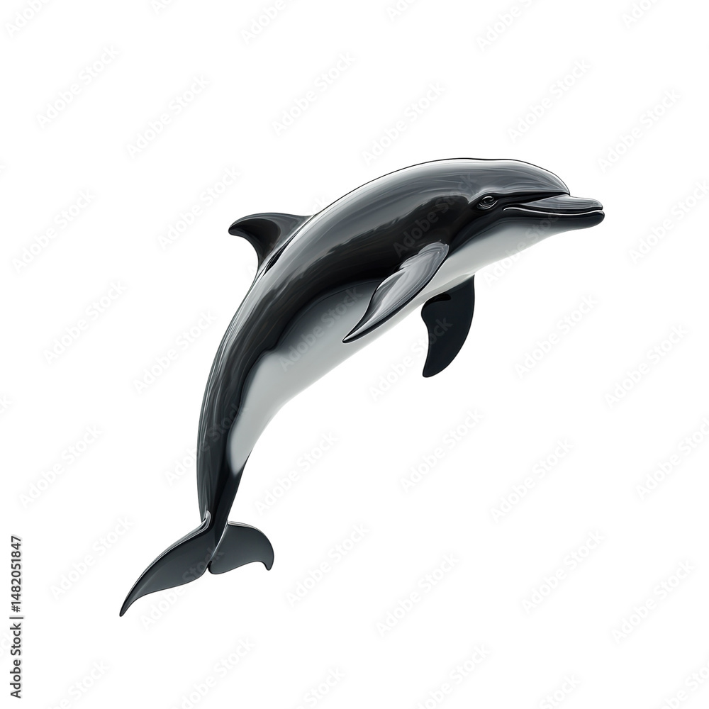 Fototapeta premium Sleek dolphin leaps dark grey body white underbelly against black on transparent background