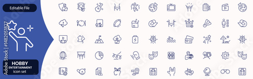 Hobby and recreation linear icons collection. Hobbies for children and adults at home and outdoors. Sports, diving, dancing, reading, drawing, music and singing. Editable stroke outline icon