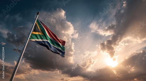 South African flag waving proudly under a dramatic sky at sunset