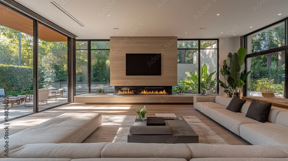 Fototapeta premium Modern living room with large windows and fireplace overlooking garden