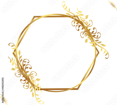 golden laurel wreath. Wedding circle frame with Elegant Golden Hexagon Frame with Floral Accents