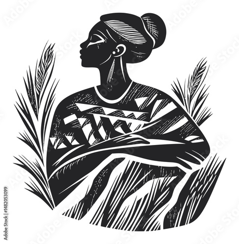 Elegant Female Silhouette Surrounded by Natural Elements in Black and White