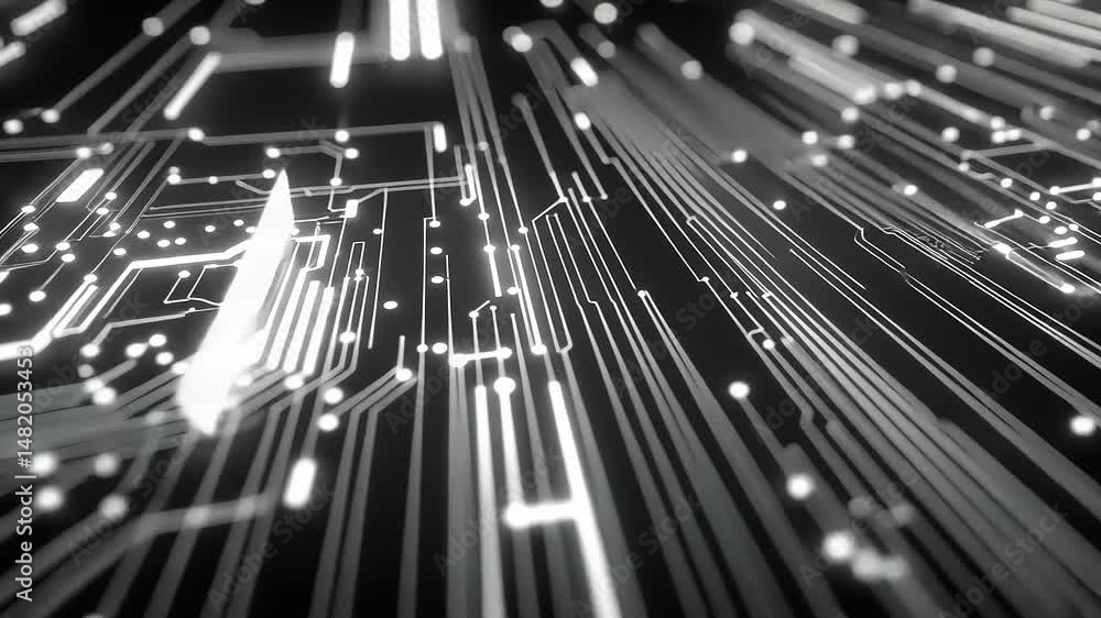 A close-up of a circuit board with glowing white lines and dots on a black background A close-up of a circuit board with glowing white lines and dots on a black background